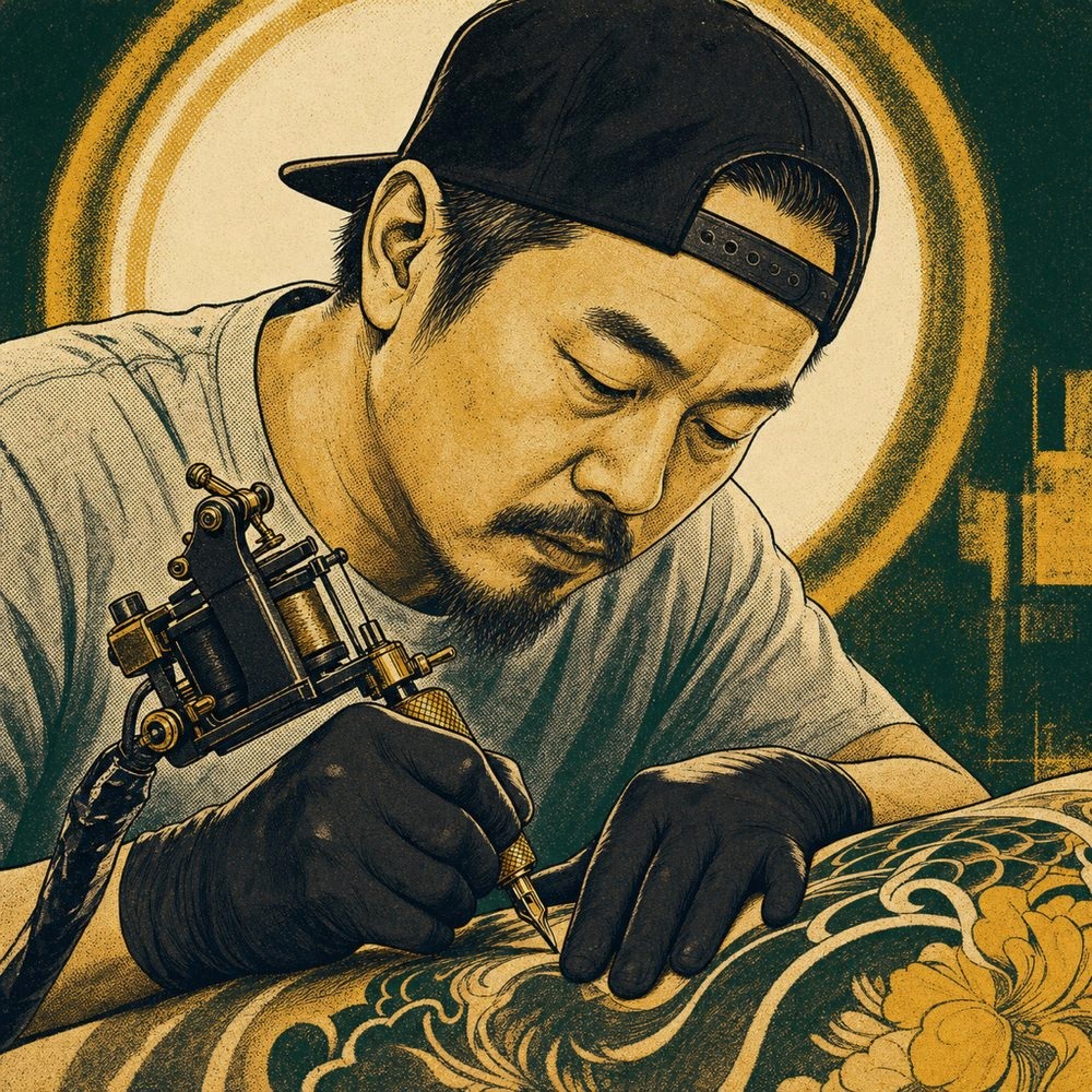 Illustrated portrait of Jivan tattooing at Mother Goose Tattoo