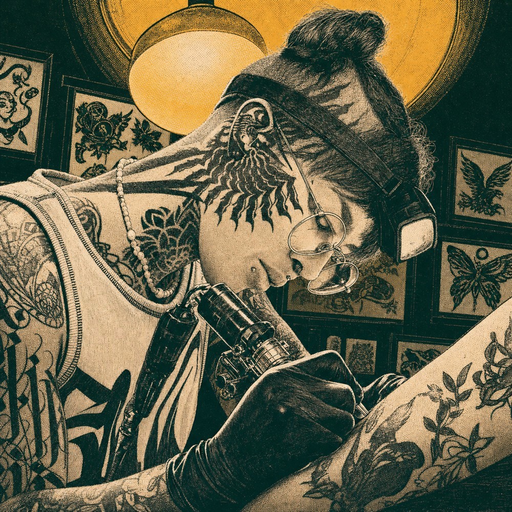 Illustrated portrait of Marz tattooing at Mother Goose Tattoo