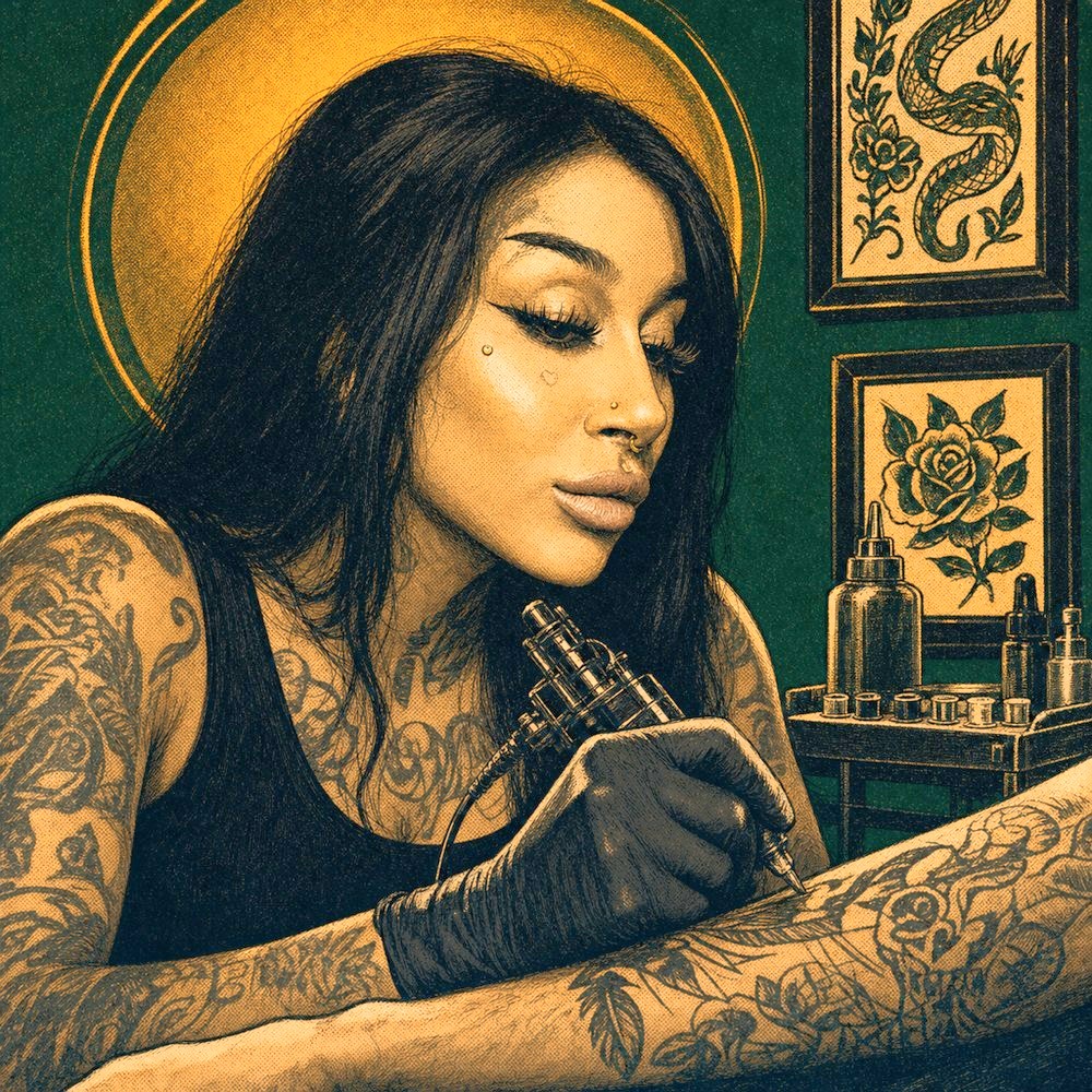 Illustrated portrait of Mel tattooing at Mother Goose Tattoo